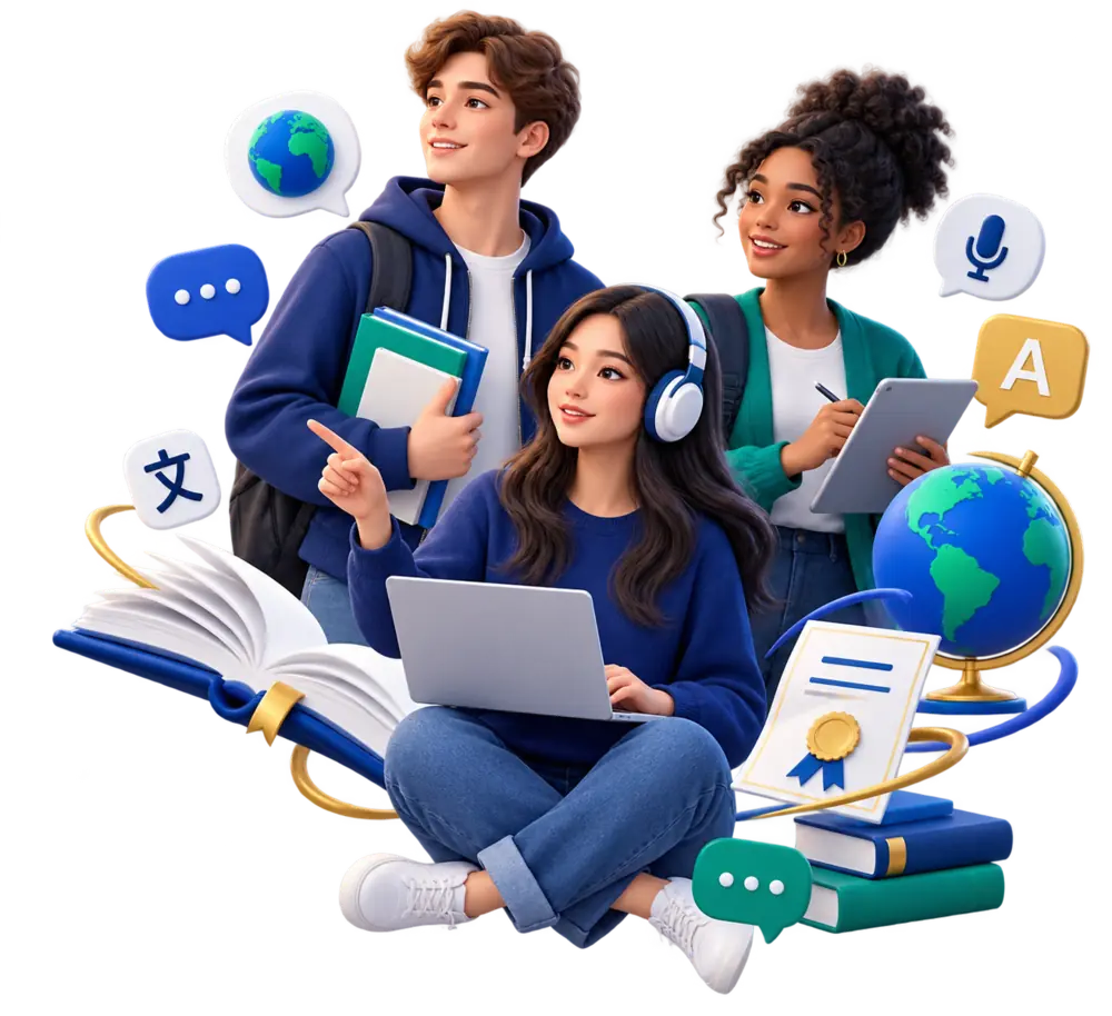 Students learning languages with books, a laptop, and a globe